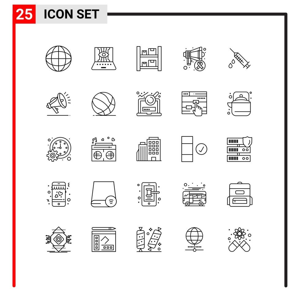 redigerbar vektor linje packa av 25 enkel rader av injektion värld låda cancer dag högtalare redigerbar vektor design element