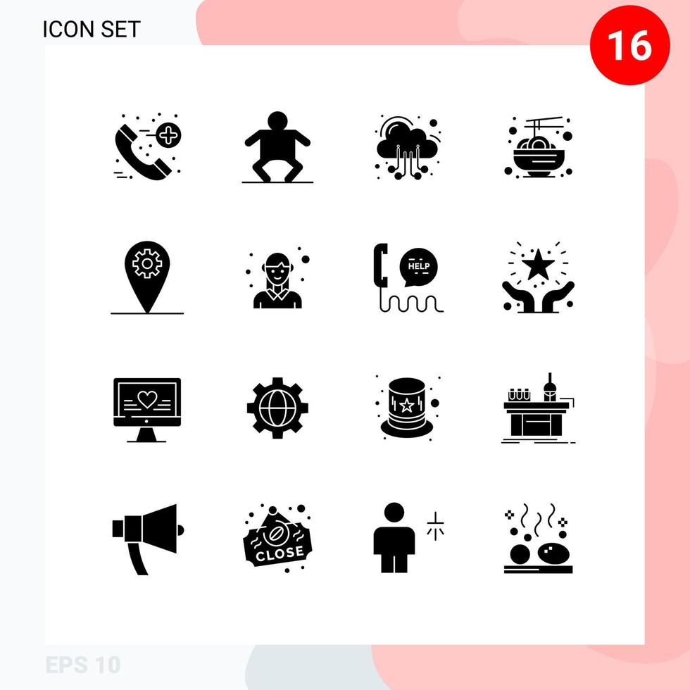 16 solides Glyphenkonzept für mobile Websites und Apps Avatar Geo Server Gear Food editierbare Vektordesign-Elemente vektor