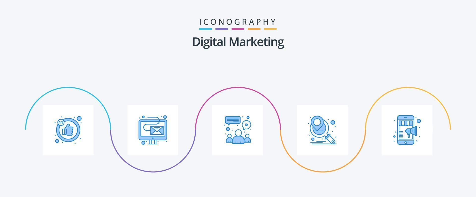 digital marknadsföring blå 5 ikon packa Inklusive mobil marknadsföring. affär. grupp. uppkopplad. marknadsföring planera vektor