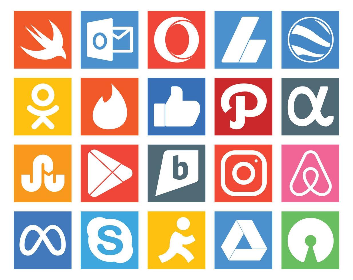 20 Social Media Icon Pack, einschließlich Meta Instagram wie Brightkite Google Play vektor