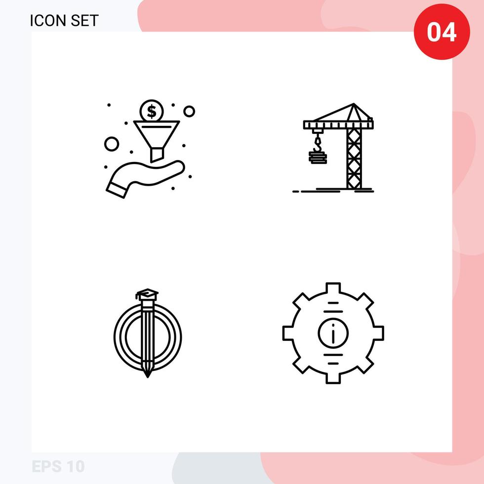 Stock Vector Icon Pack mit 4 Linienzeichen und Symbolen für Filter Grad Kranbau Absolvent editierbare Vektordesign-Elemente