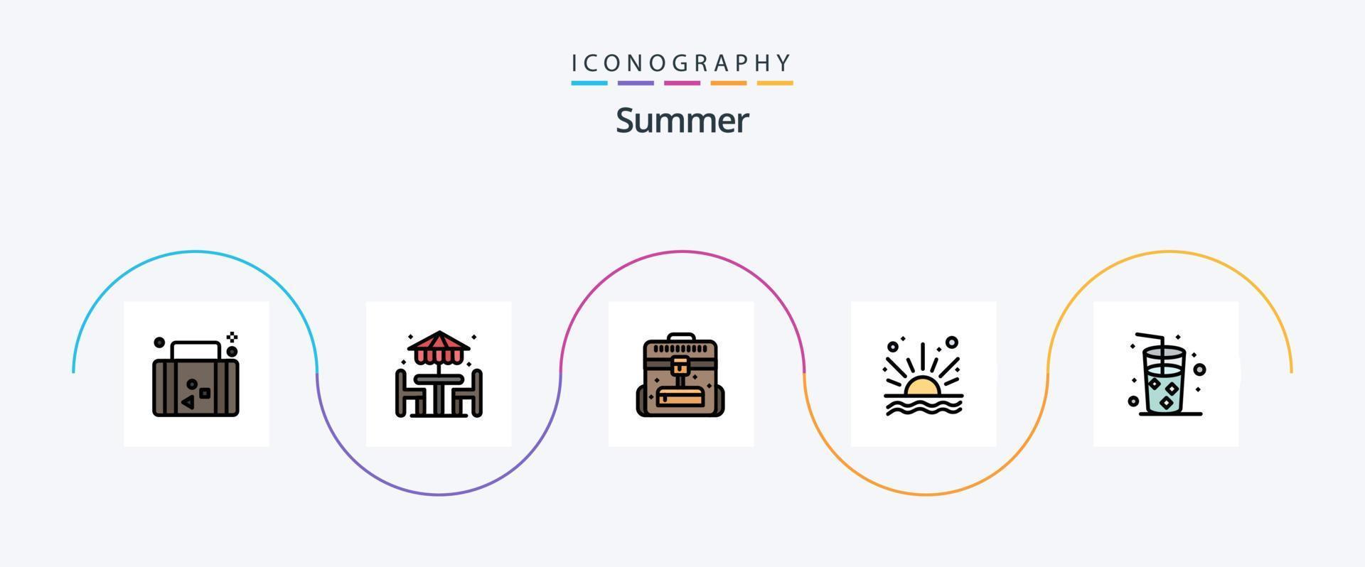 sommar linje fylld platt 5 ikon packa Inklusive strand. soluppgång. möbel. hav. resa vektor