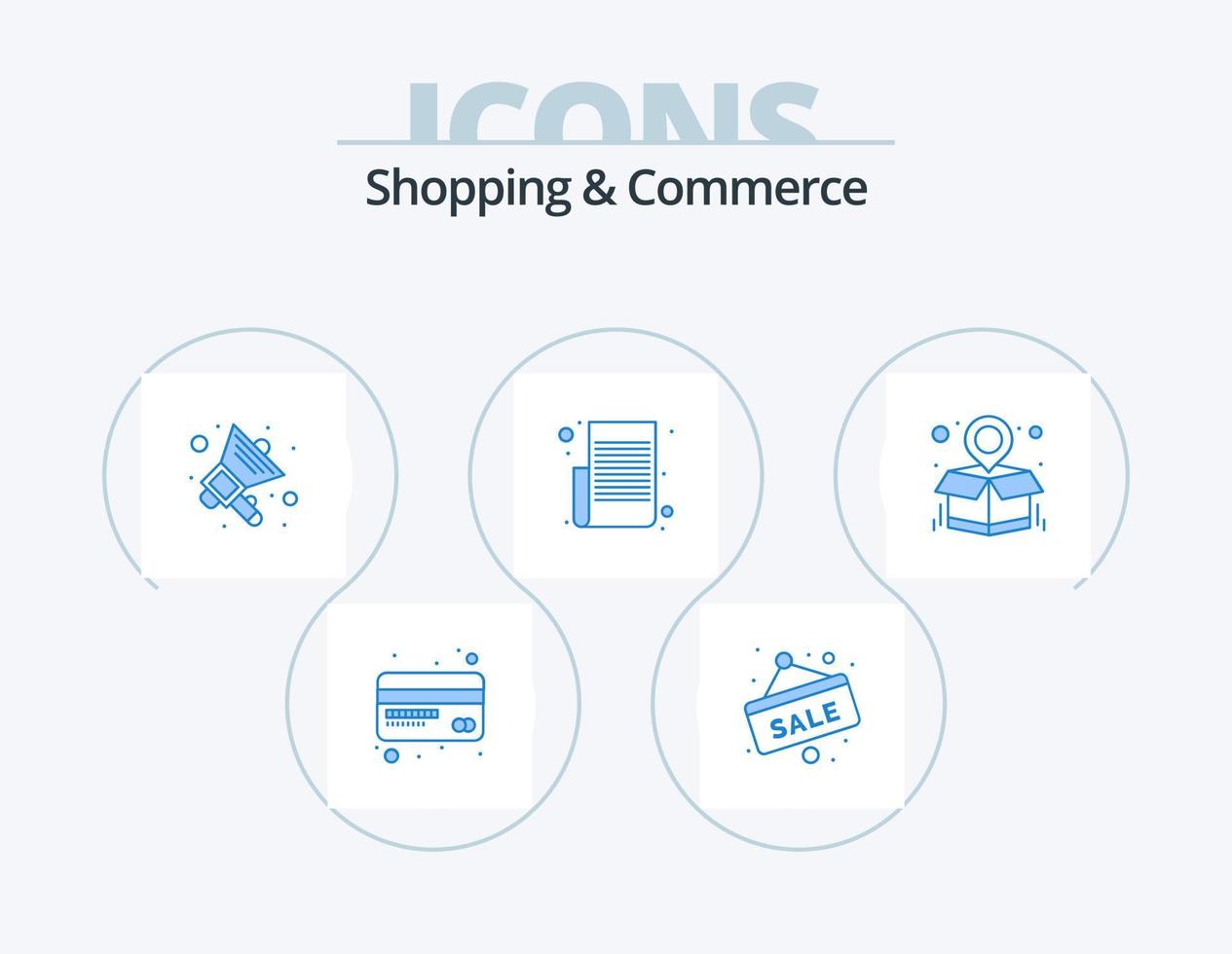 Einkaufen und Handel blau Icon Pack 5 Icon Design. Paketstandort. Paketkarte. Shopping-Werbung. Titelliste. Einkaufsliste vektor