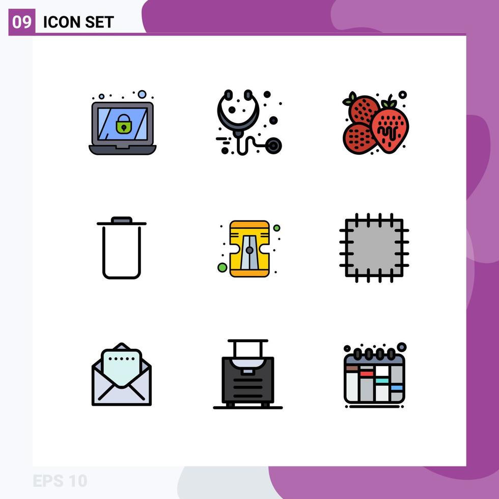 redigerbar vektor linje packa av 9 enkel fylld linje platt färger av lappa pennvässare mat penna uppsättningar redigerbar vektor design element