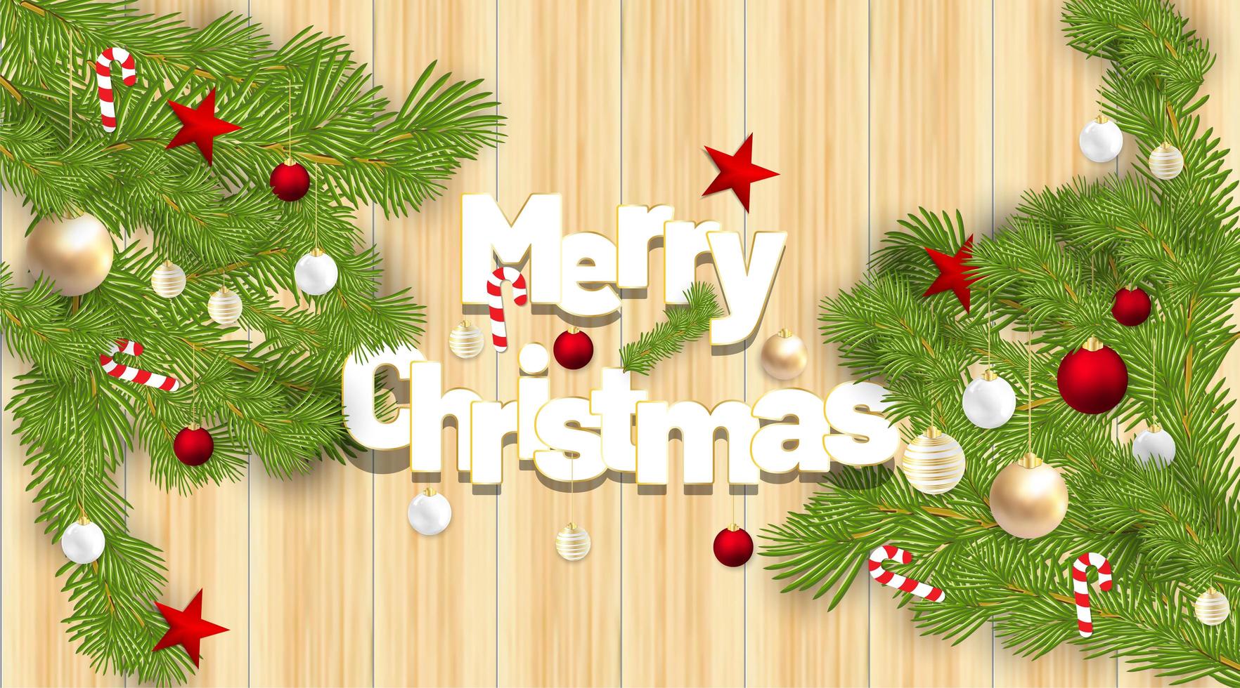 Frohe Weihnachten Vektor Ornamente mit roten Kugeln, Süßigkeiten, Sternen und Blättern. Hintergrund Holz Textur. Vektorillustration