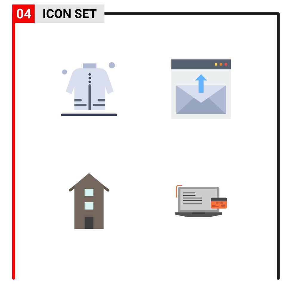 Gruppe von 4 flachen Symbolen, Zeichen und Symbolen für Jackenpost-Einkaufskontakthaus editierbare Vektordesign-Elemente vektor