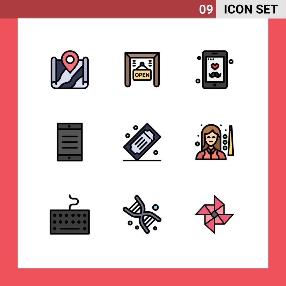 packa av 9 modern fylld linje platt färger tecken och symboler för webb skriva ut media sådan som film biljetter bio biljetter pappa text mobil redigerbar vektor design element