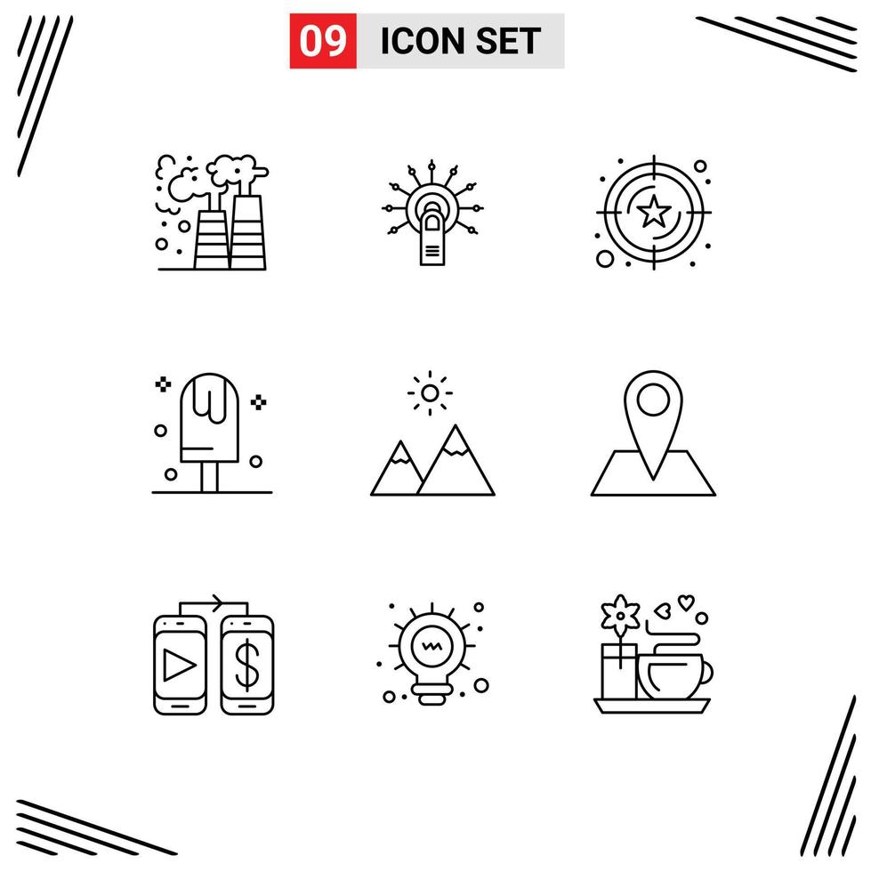 Stock Vector Icon Pack mit 9 Zeilenzeichen und Symbolen für süßes Eis berühren hier Dessertwert editierbare Vektordesign-Elemente