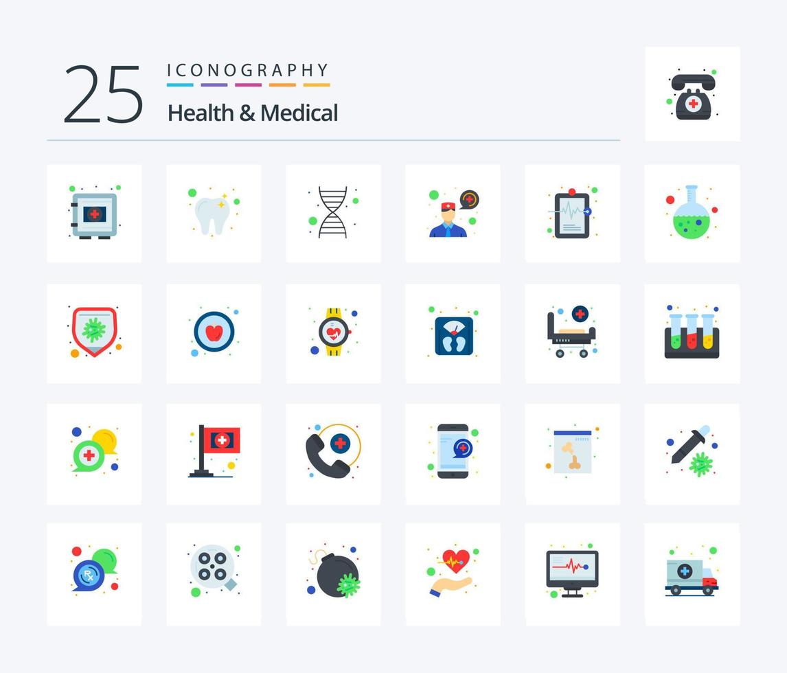 hälsa och medicinsk 25 platt Färg ikon packa Inklusive medicinsk spela in. sjukhus Diagram. dna. hälsa. samråd vektor