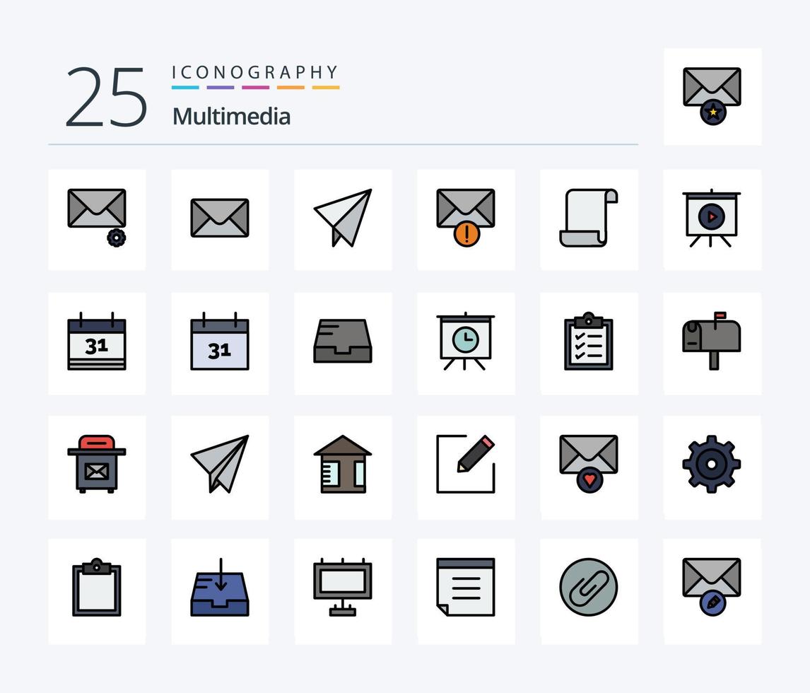 Multimedia-Symbolpaket mit 25 Zeilen gefüllt, einschließlich Datum. Video. Post. Präsentation. Skript vektor