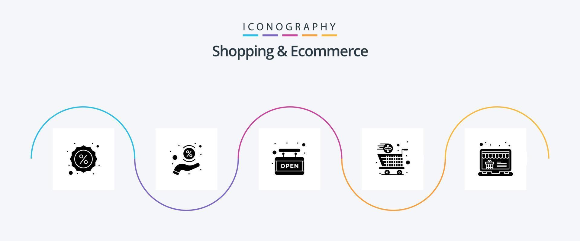 Shopping und E-Commerce Glyph 5 Icon Pack inklusive Shop. Einkaufen. Planke. Wagen. Einkaufen vektor