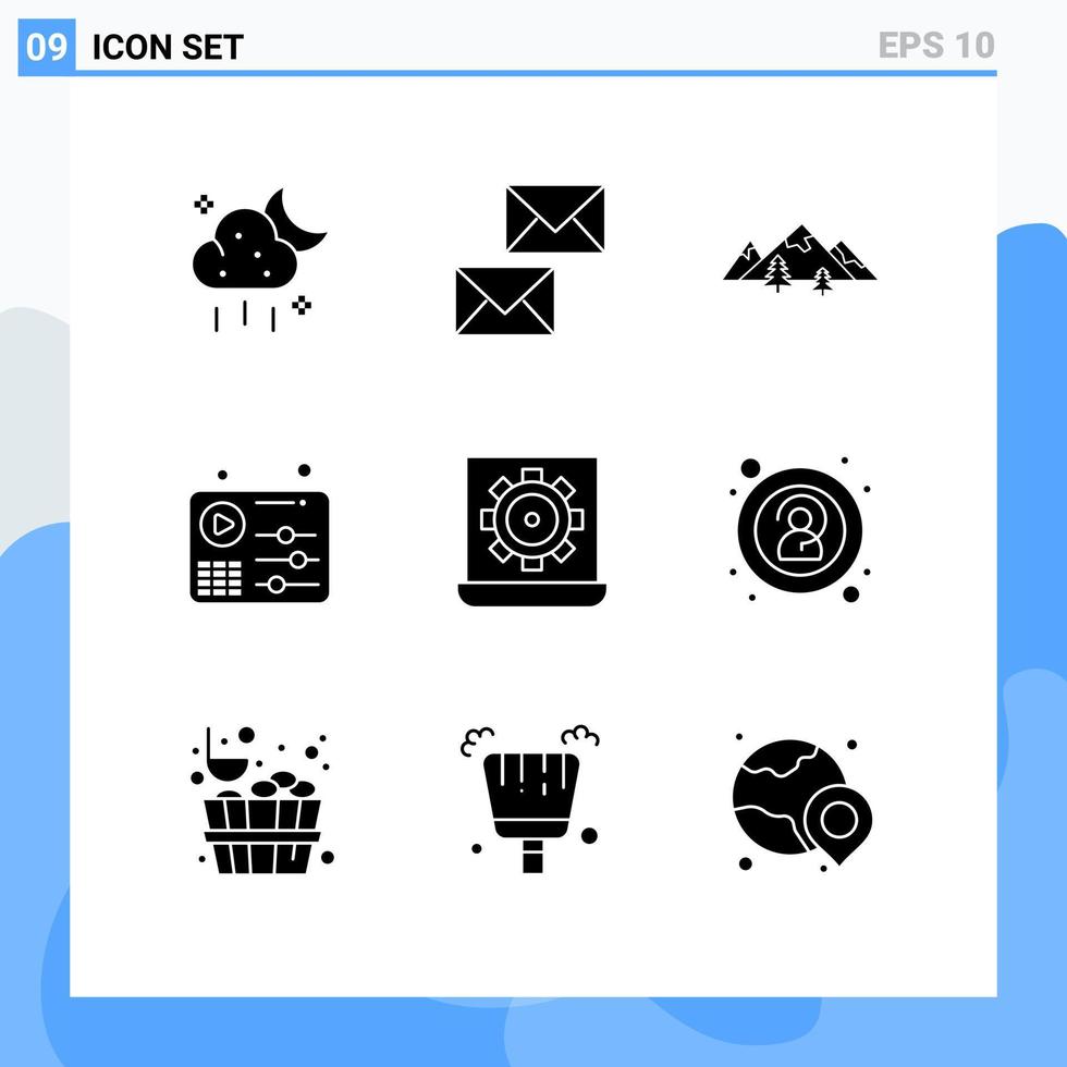 uppsättning av 9 vektor fast glyfer på rutnät för spela utjämnare kuvert audio natur redigerbar vektor design element