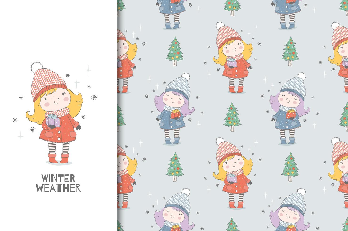 tecknad liten varmt klädd tjej med gåvor. julkort och sömlös bakgrundsmönster. vektor