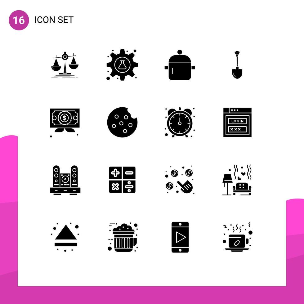 Solide Glyphenpackung mit 16 universellen Symbolen für Reparaturschaufeln, Rohre, Küchen, editierbare Vektordesign-Elemente vektor
