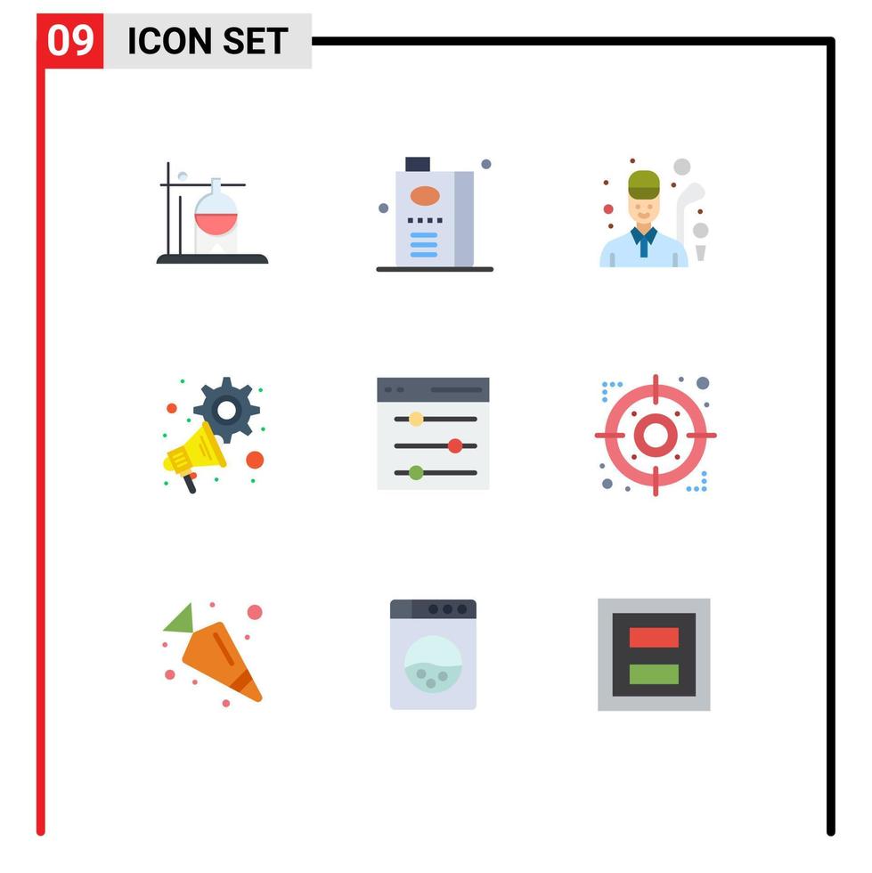9 användare gränssnitt platt Färg packa av modern tecken och symboler av kommunikation megafon frukt juice marknadsföring spel redigerbar vektor design element