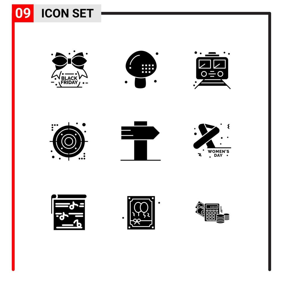 uppsättning av 9 vektor fast glyfer på rutnät för fokus strategi svamp pil transport redigerbar vektor design element
