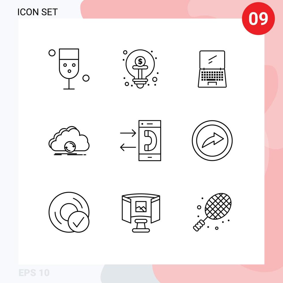 Piktogramm-Set aus 9 einfachen Umrissen von Sync-Cloud-Finanzierungs-Mobilgerät-editierbaren Vektordesign-Elementen vektor