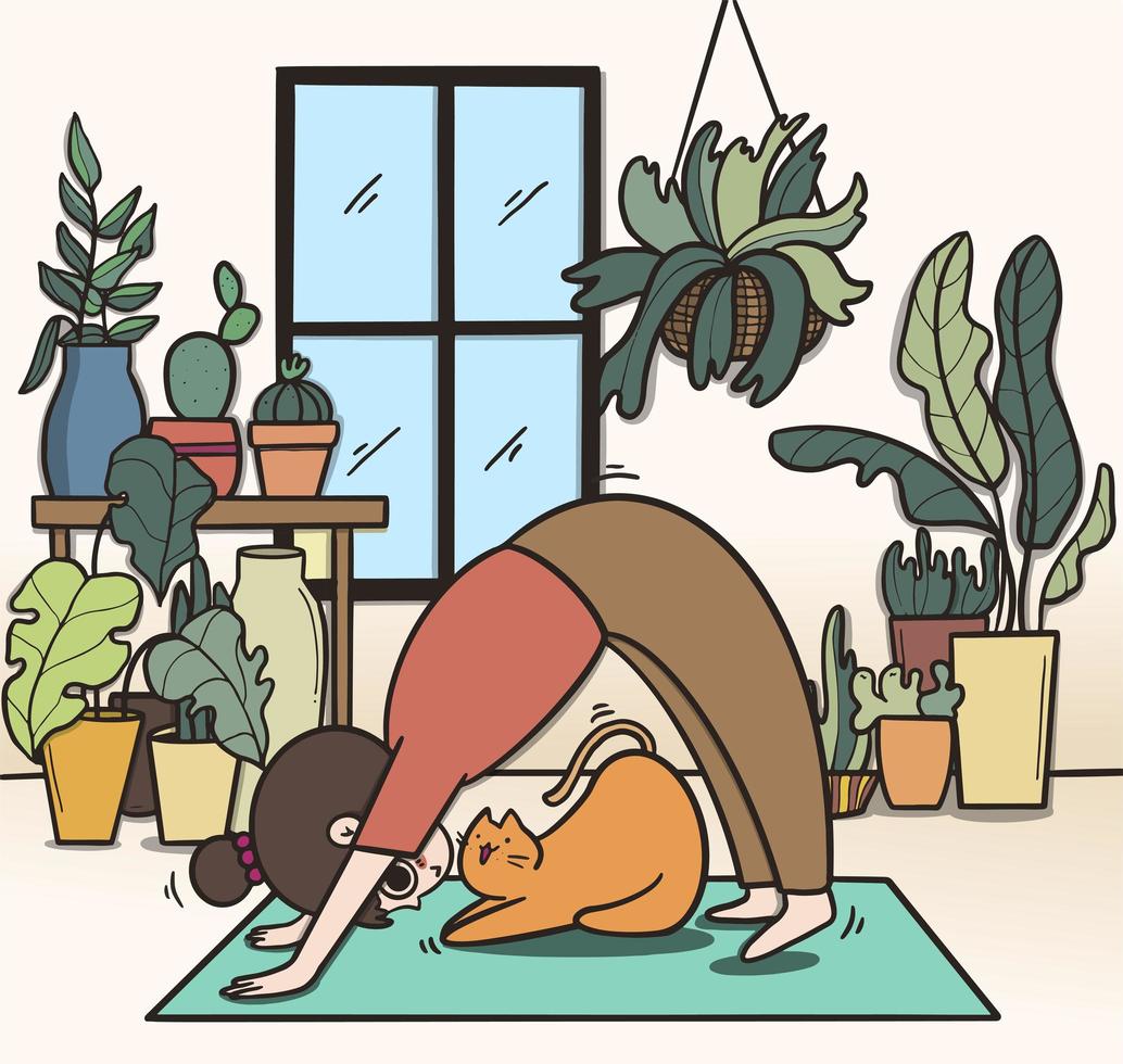 Frau macht Yoga mit Katze vektor