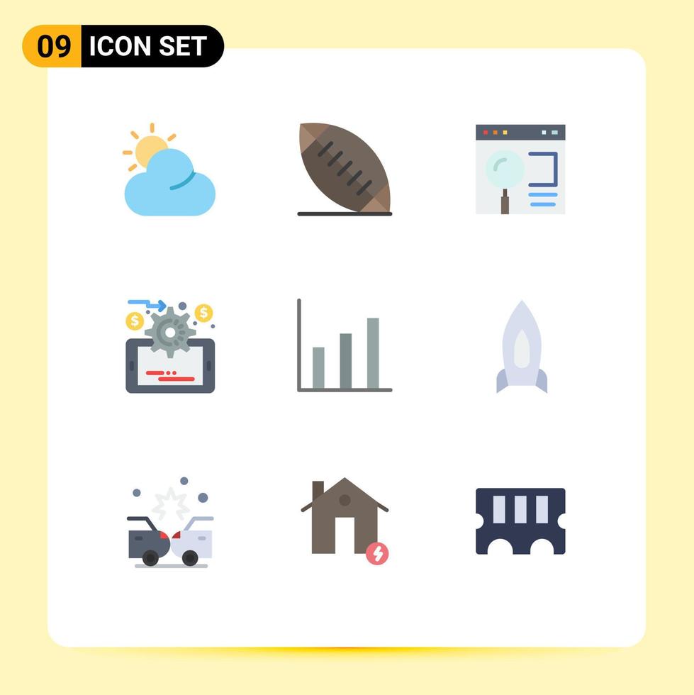 flacher farbsatz der mobilen schnittstelle mit 9 piktogrammen des raumschiffs nach oben suchgrafik online-auswertung editierbare vektordesignelemente vektor