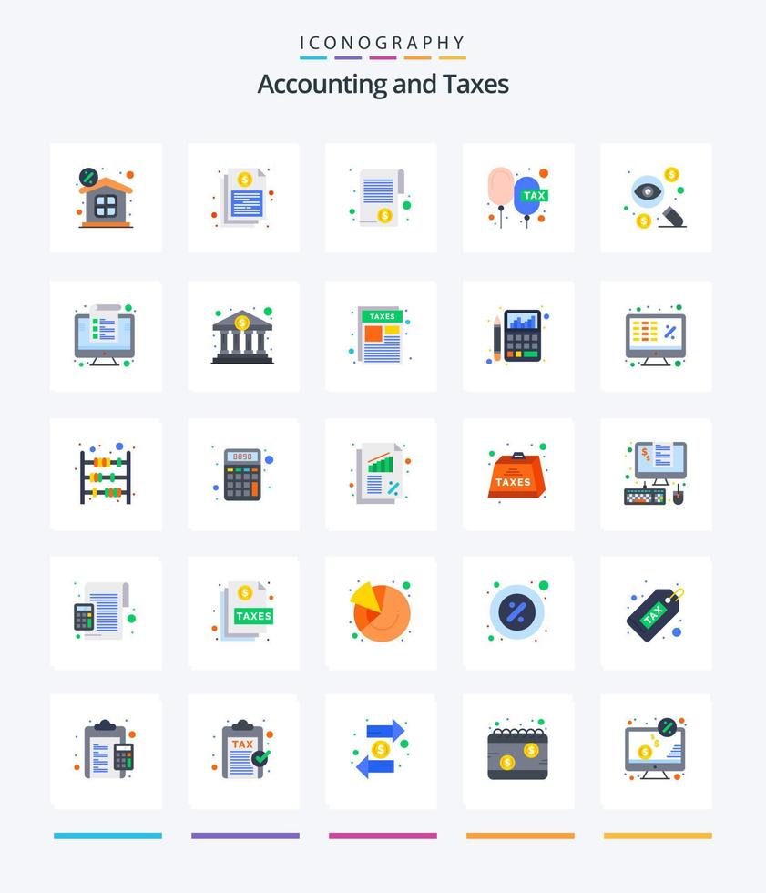 kreative Steuern 25 Flat Icon Pack wie zahlbar. Aufgaben. Prüfbericht. aufladen. MwSt vektor