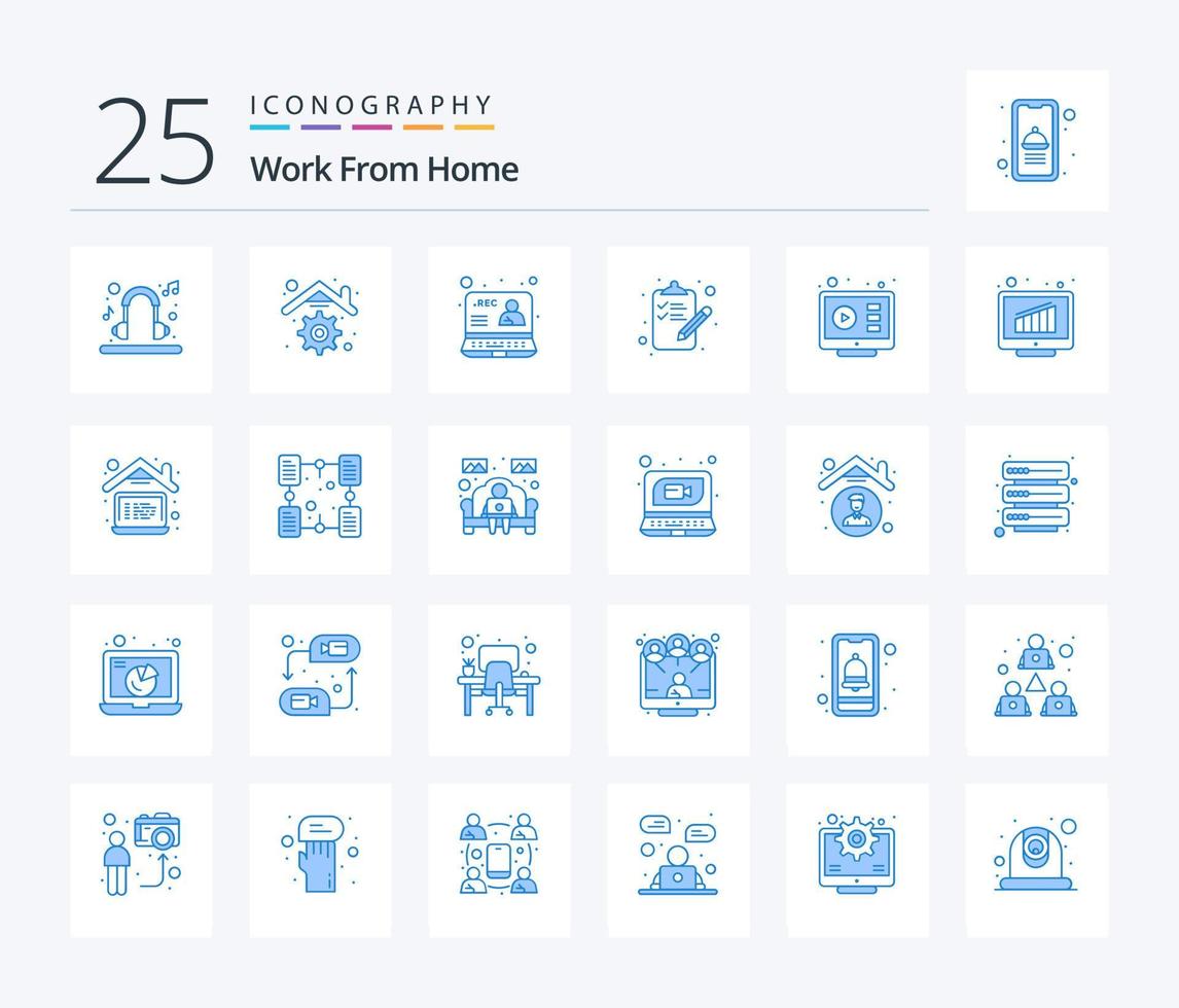 Arbeit von zu Hause aus 25 blaue Symbolpakete einschließlich Kommunikation. Aufgabe. Aufzeichnung. fertig. Netz vektor