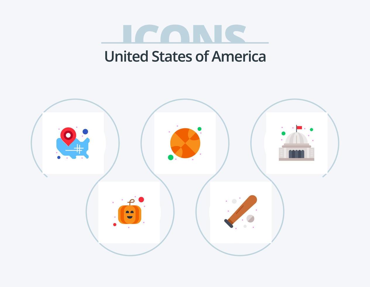 USA-Flachbild-Icon-Pack 5-Icon-Design. Platz. Sport. Karte. Ball. Positionsstift vektor