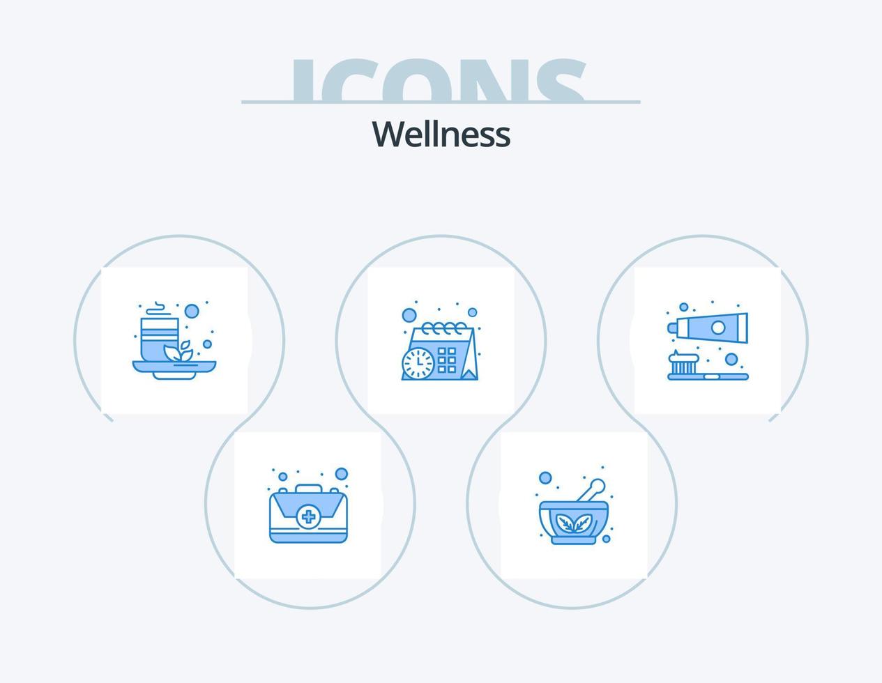 wellness blå ikon packa 5 ikon design. tandborste. borsta. kopp. tid. kalender vektor