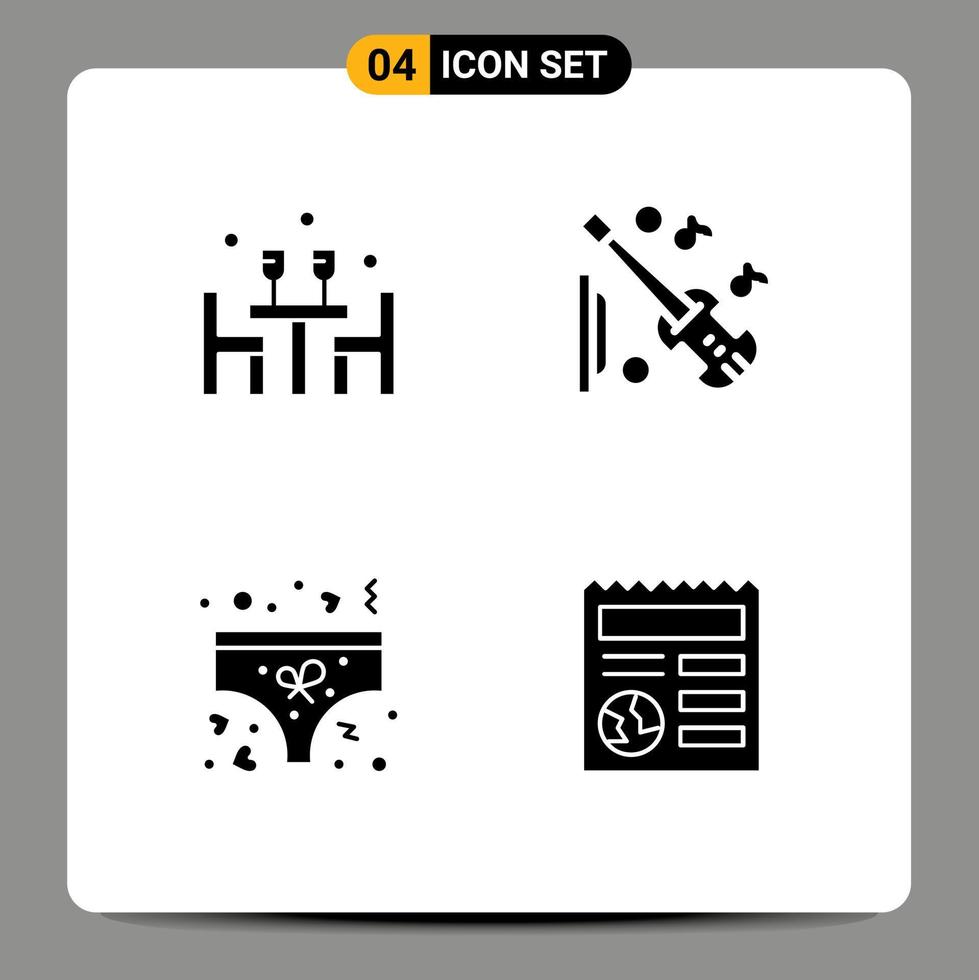 Gruppe von 4 soliden Glyphenzeichen und Symbolen für Abendessen, Kleidung, Liebesausrüstung, Unterhosen, editierbare Vektordesign-Elemente vektor