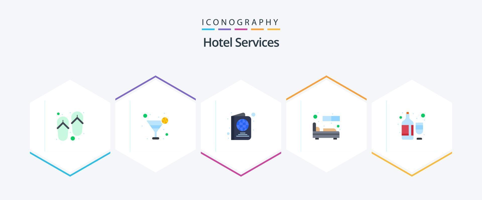 Hotelservices 25 Flat Icon Pack inklusive Weinflaschen. Glas. Fahrkarte. Flasche. einzel vektor