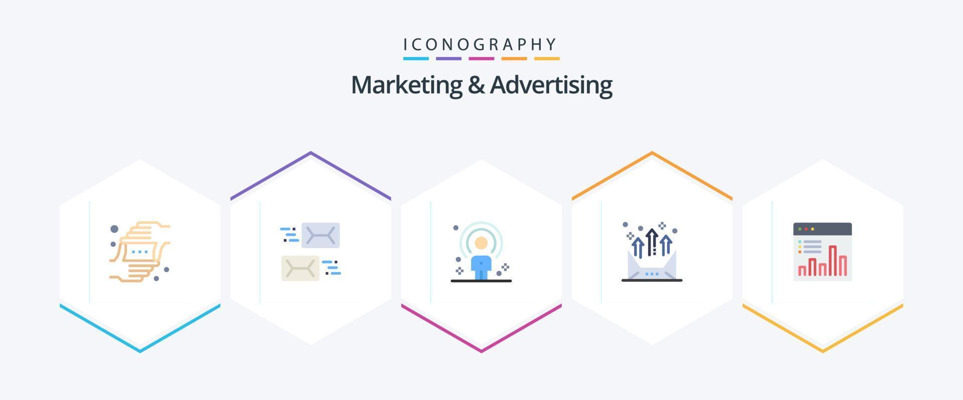 marknadsföring och reklam 25 platt ikon packa Inklusive kommunikation. adress. brev. rekrytering. människor vektor