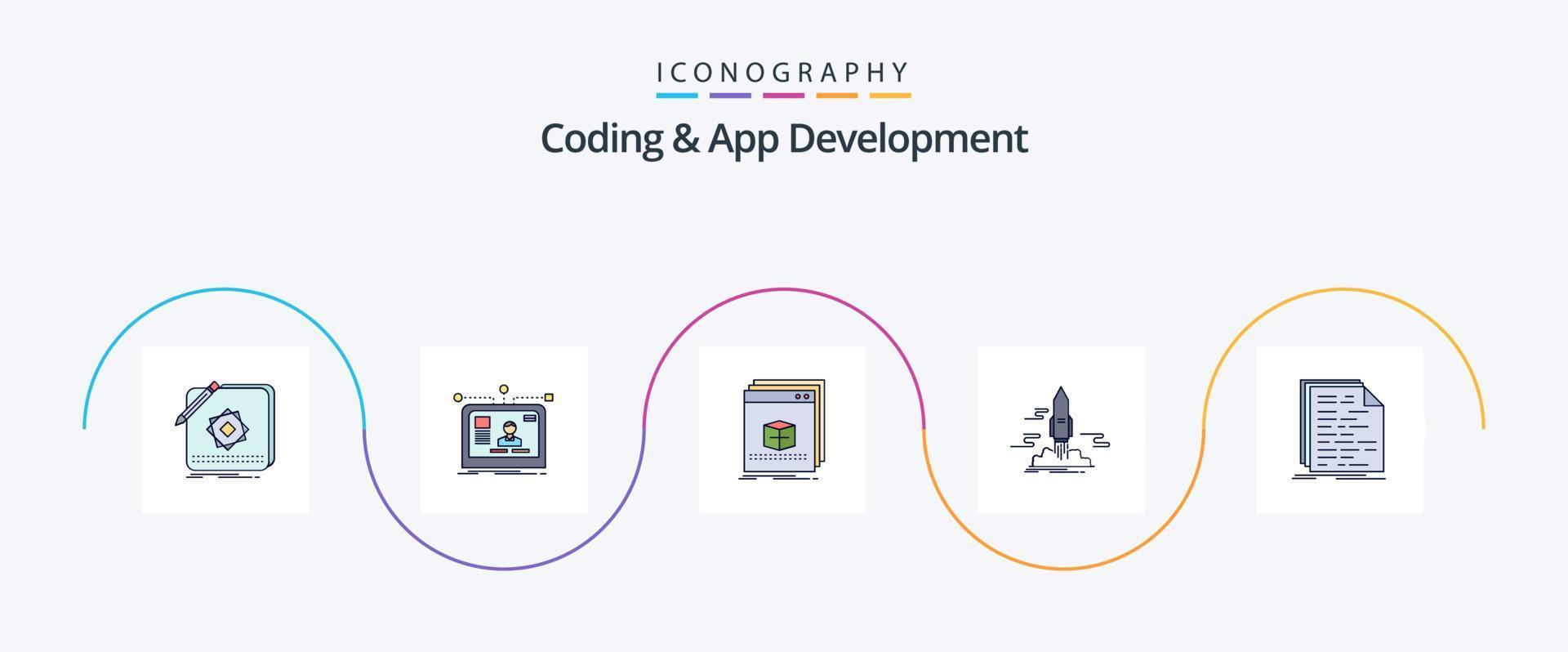 Codierungs- und App-Entwicklungslinie gefülltes flaches 5-Icon-Paket einschließlich App. starten. Layout. Programm. Anwendung vektor