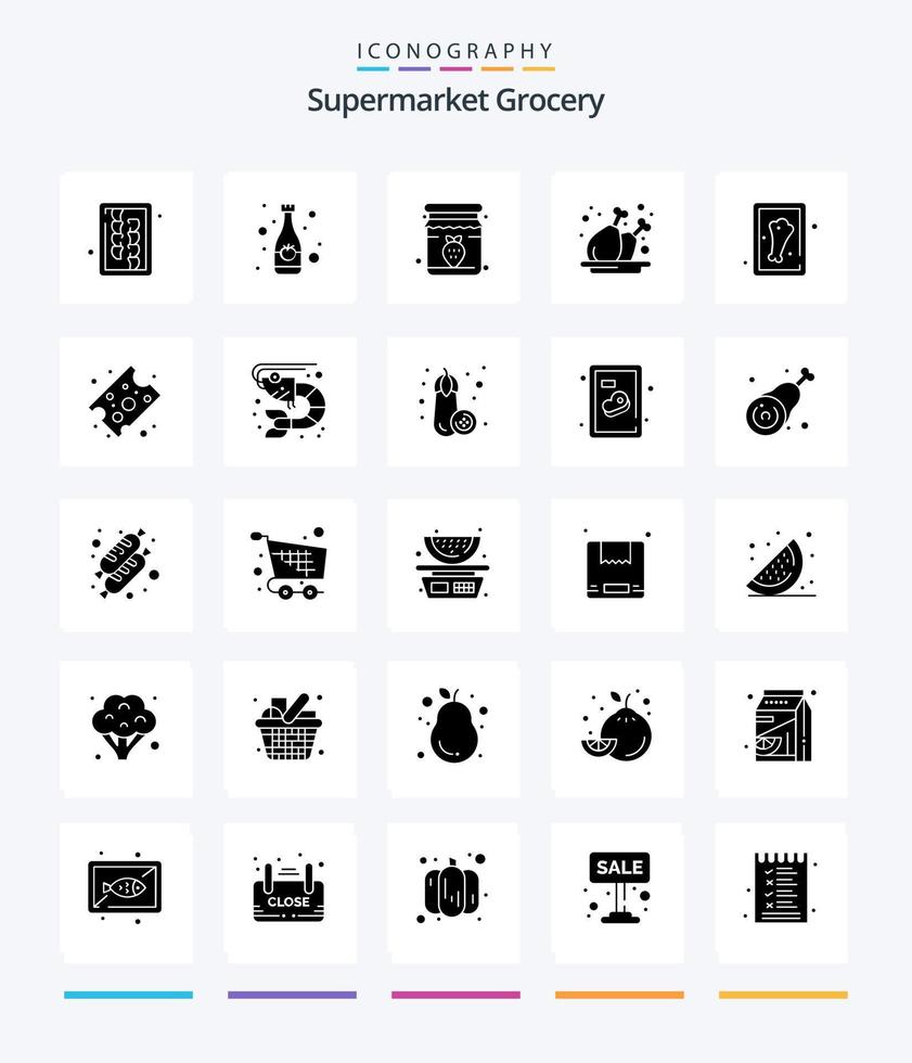 kreatives Lebensmittelgeschäft 25 Glyphen-Symbolpaket in Schwarz, z. B. Bein. Platte. Marmelade. Fleisch. Hähnchen vektor