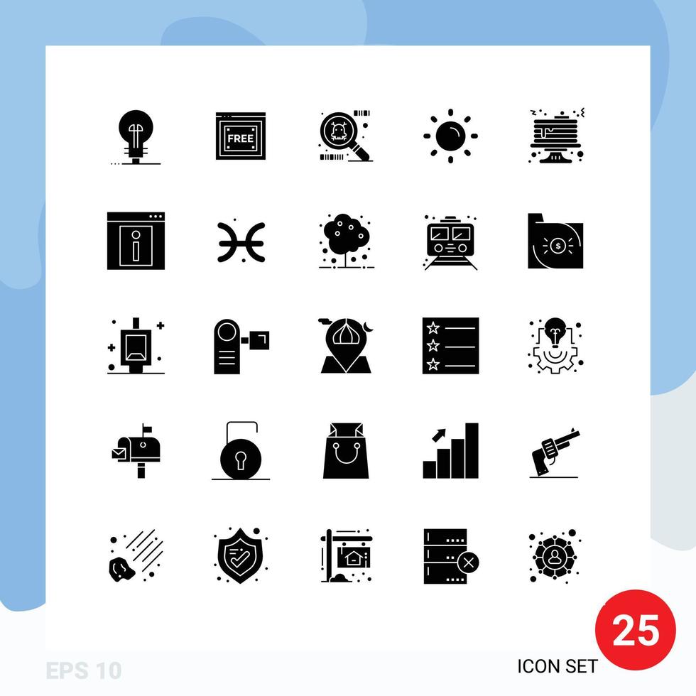Packung mit 25 modernen soliden Glyphen Zeichen und Symbolen für Web-Printmedien wie Contact Food Spyware Cake Shine editierbare Vektordesign-Elemente vektor