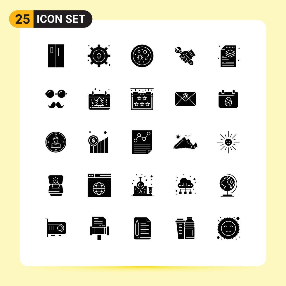 Mobile Schnittstelle solider Glyph-Satz von 25 Piktogrammen kreativer Werkzeuge Biologie Schraubenschlüssel editierbare Vektordesign-Elemente vektor