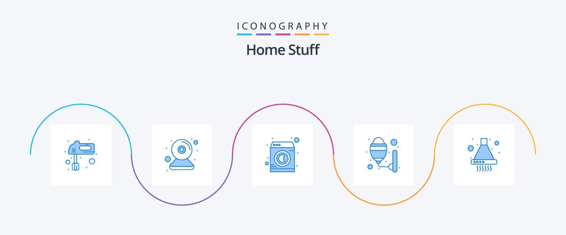 Hem grejer blå 5 ikon packa Inklusive fläkt. Glödlampa. tvätt. rum. lampa vektor