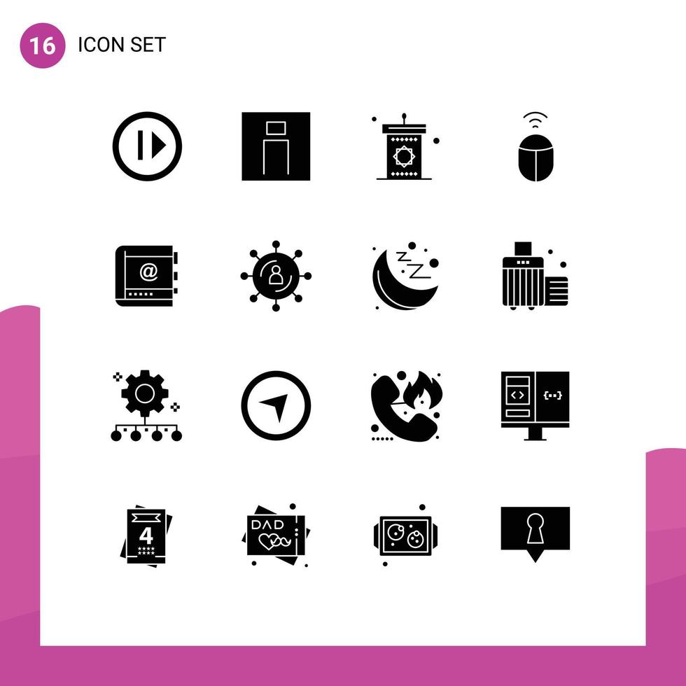 fast glyf packa av 16 universell symboler av bok wiFi användare mus moské redigerbar vektor design element