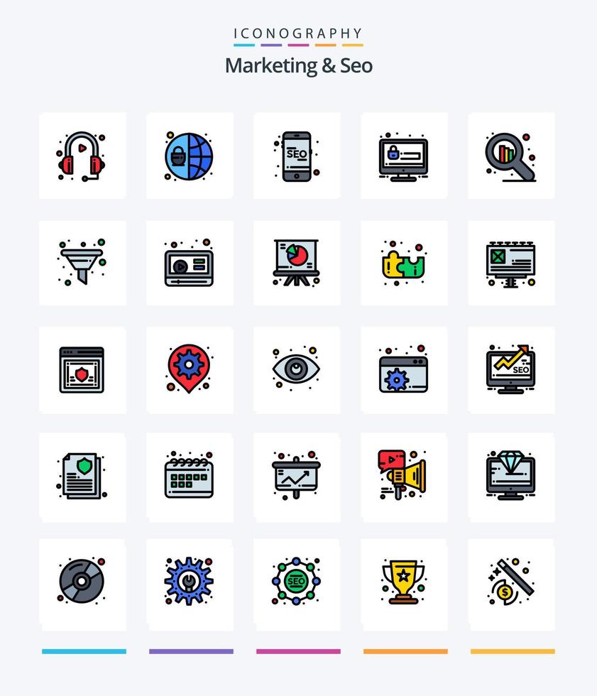 kreatives Marketing und SEO 25 Zeilen gefülltes Icon-Pack wie Aktien. Sicherheit. Handy, Mobiltelefon. Konto. Passwort vektor