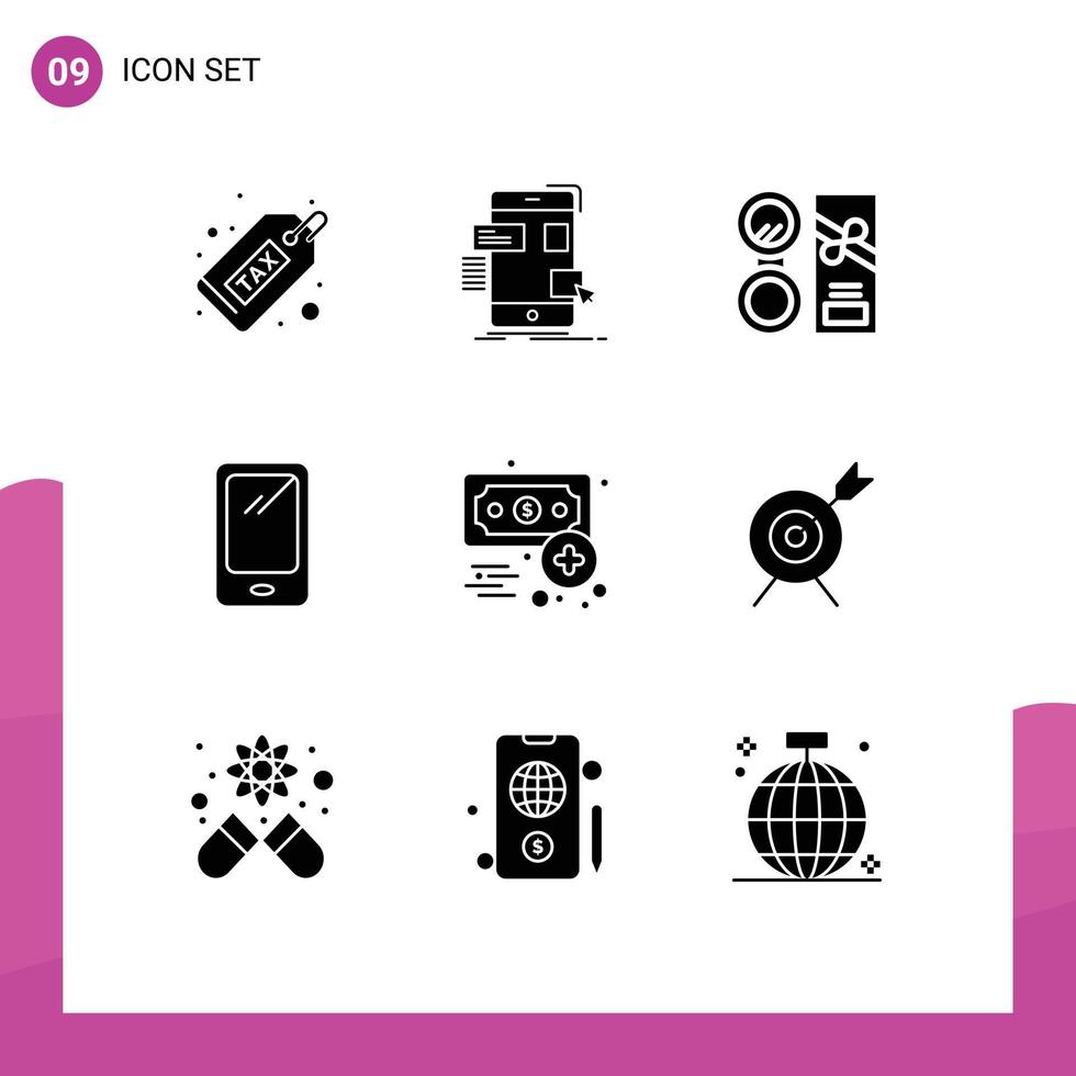 Packung mit 9 modernen Solid-Glyphen-Zeichen und Symbolen für Web-Printmedien wie bearbeitbare Vektordesign-Elemente für Mobiltelefon-UI-Pulverkosmetik vektor