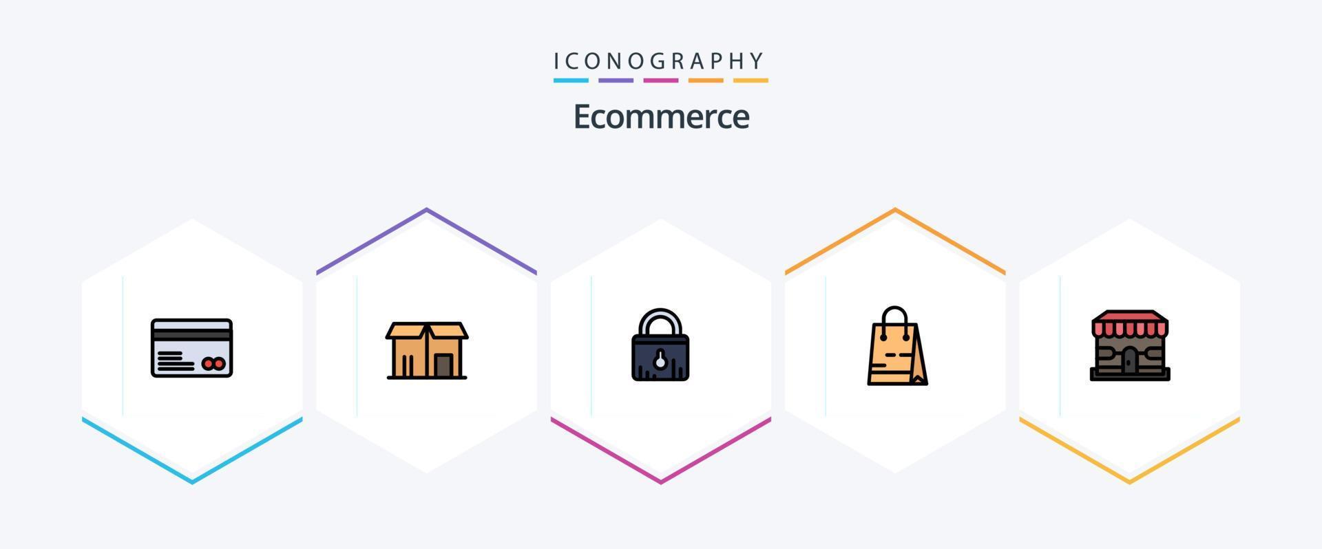 E-Commerce 25 Filledline Icon Pack inklusive Shop. Laden. sperren. Markt. Tasche vektor
