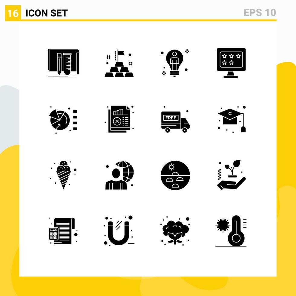 mobil gränssnitt fast glyf uppsättning av 16 piktogram av Diagram Betygsätta Glödlampa övervaka manlig redigerbar vektor design element