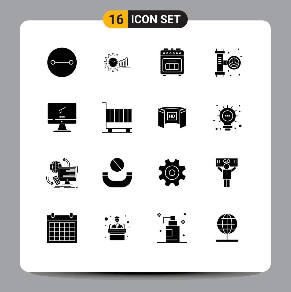 Gruppe von 16 soliden Glyphenzeichen und Symbolen für bearbeitbare Vektordesign-Elemente der Systemklempnerzeit mechanischer Backofen vektor