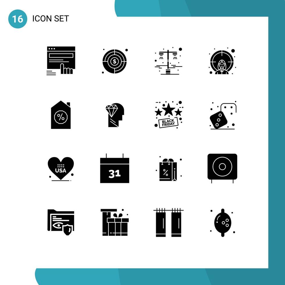 universelle Symbolsymbole Gruppe von 16 modernen soliden Glyphen des Hausziels, Ziel zu finden, weibliches Straßenlicht, editierbare Vektordesign-Elemente vektor