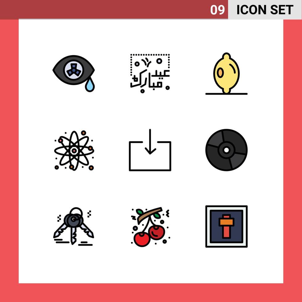 universelle Symbolsymbole Gruppe von 9 modernen Fillline-Flachfarben von Importpfeil-Zitrusatom-Wissenschaft editierbare Vektordesign-Elemente vektor