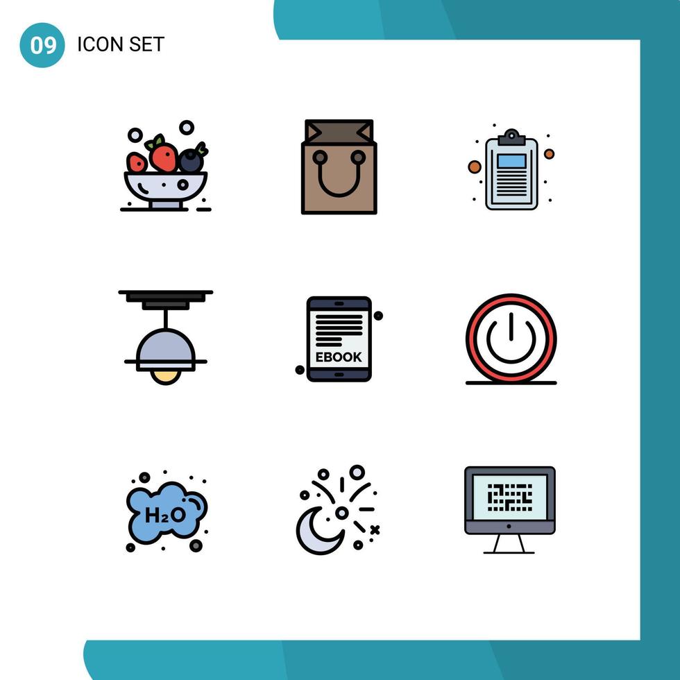 9 universell fylld linje platt färger uppsättning för webb och mobil tillämpningar ebook lampa dokumentera interiör dekor redigerbar vektor design element