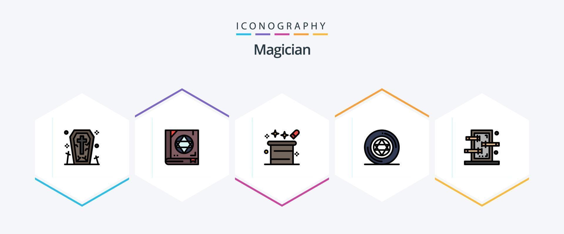 Magician 25 Filledline Icon Pack inklusive Box. Pentagramm. Magie. Magie. Zauberhut vektor