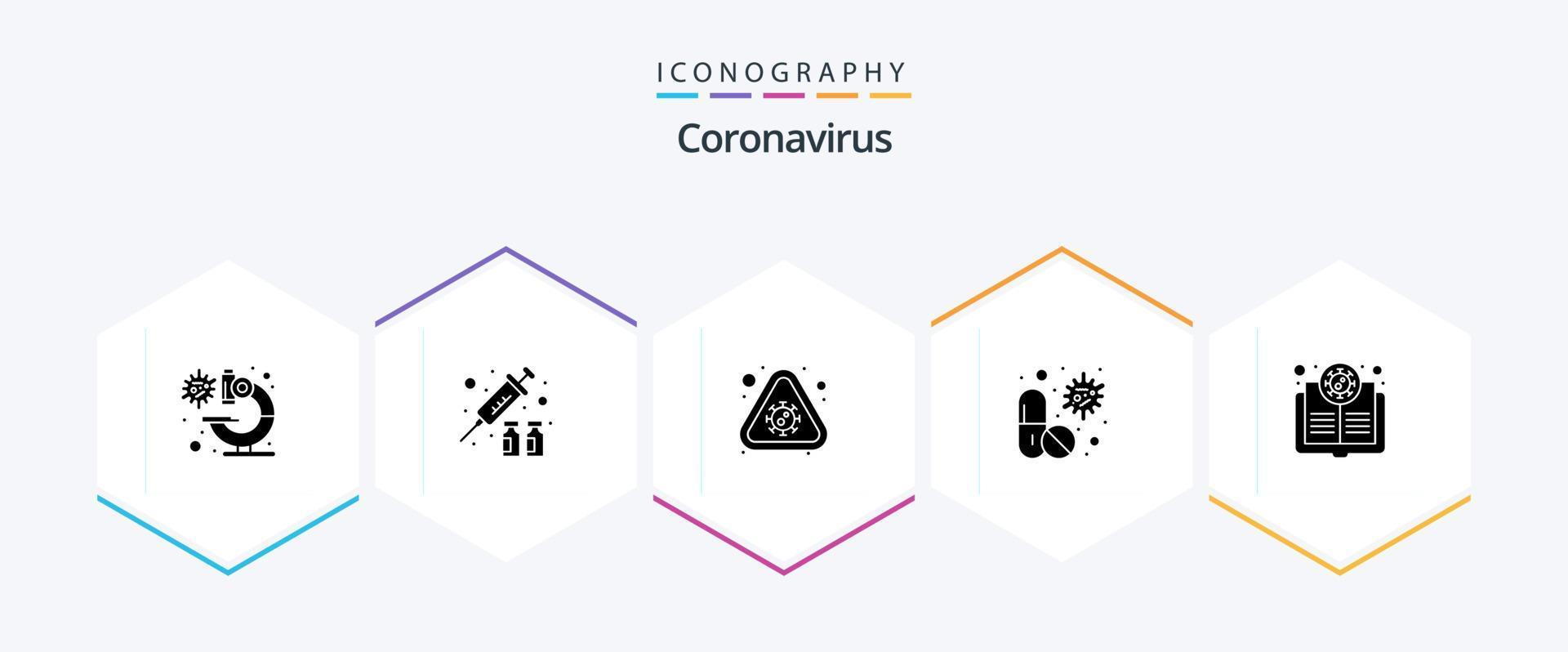coronavirus 25 glyf ikon packa Inklusive bakterie. medicinsk. lägga märke till. kapsel. virus vektor