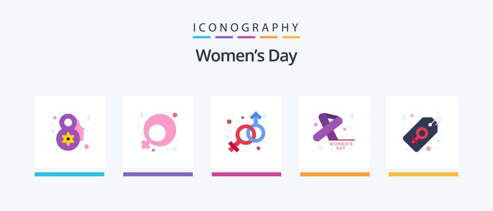 Womens Day Flat 5 Icon Pack inklusive Tag. Etikett. männlich. feminin. kreatives Symboldesign vektor