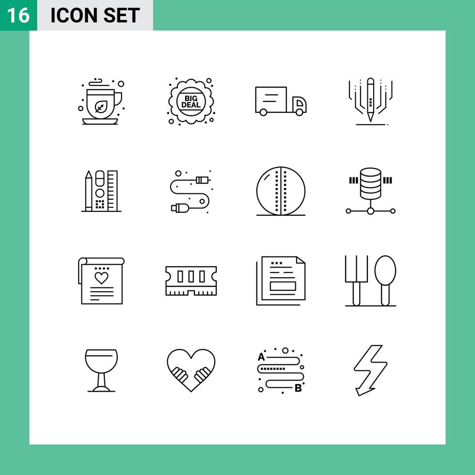 Stock Vector Icon Pack mit 16 Linienzeichen und Symbolen für bearbeitbare Vektordesign-Elemente für Online-Maßstabs-LKW-Stiftkunst
