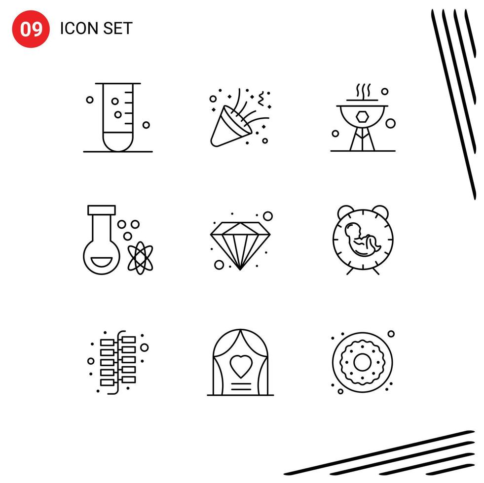 Packung mit 9 kreativen Umrissen von Diamond Science Party Potion Dinner editierbare Vektordesign-Elemente vektor