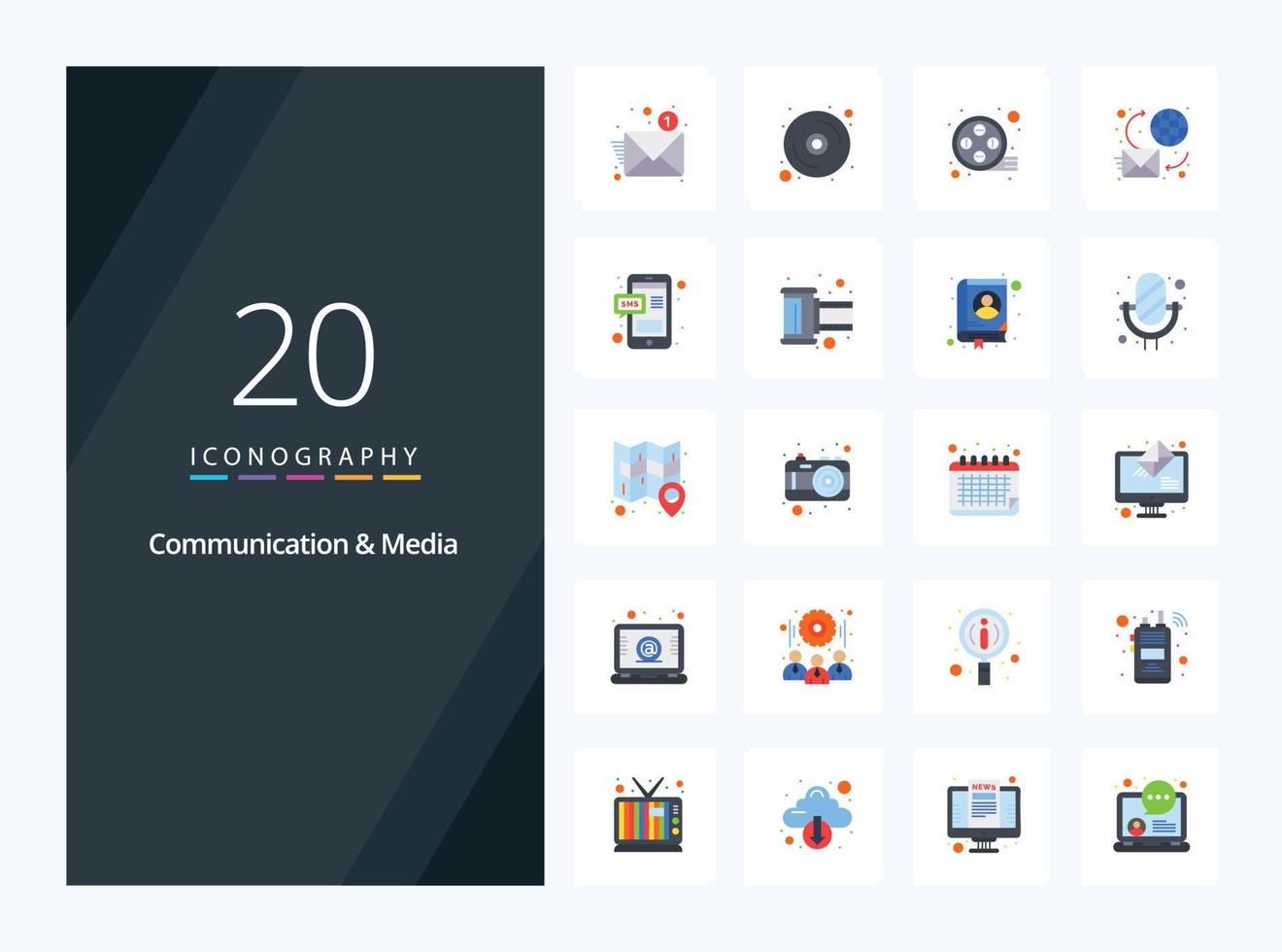 20 flaches Farbsymbol für Kommunikation und Medien zur Präsentation vektor